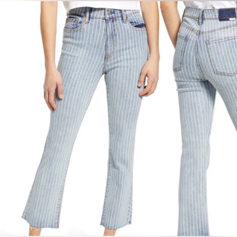 DAZE Blue Jeans | Pinstripes & mid-rise | Raw hem & semi-cropped | size 29